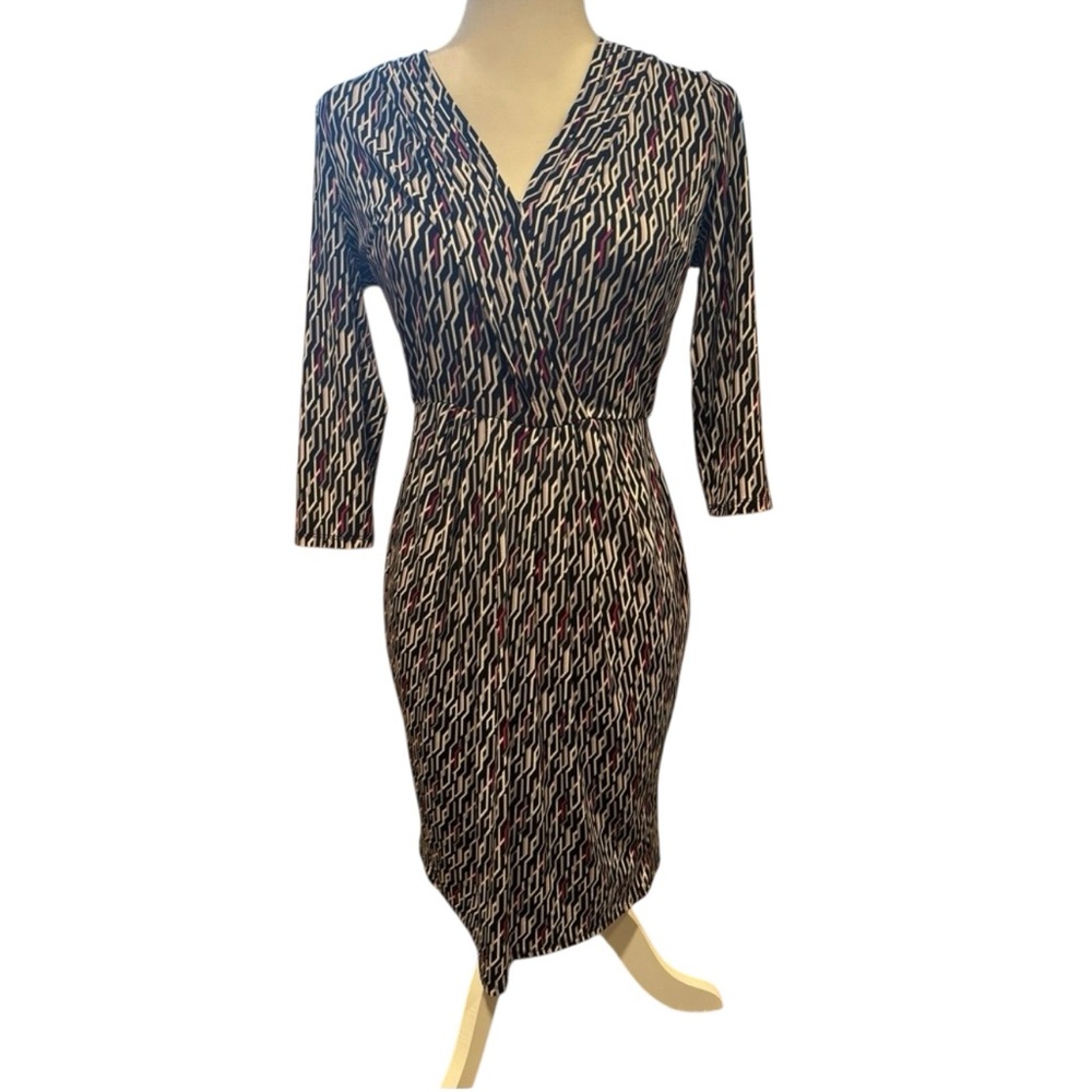 WHBM Geometric Print Faux Wrap Dress Size XS 3/4 Sleeve V Neck Above Knee